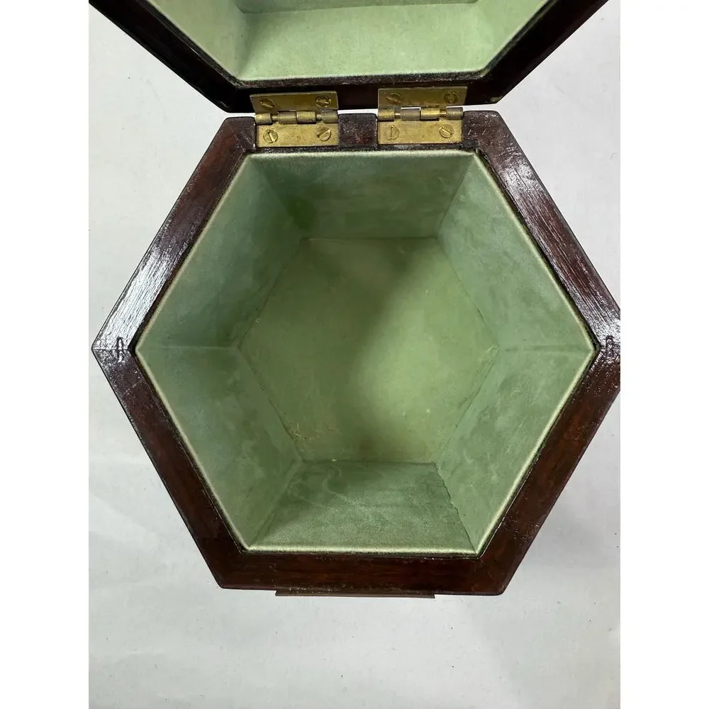 Vintage Chinese Hexagonal Lacquer Wood Boxes Set of 2, Brass Hardware, Green